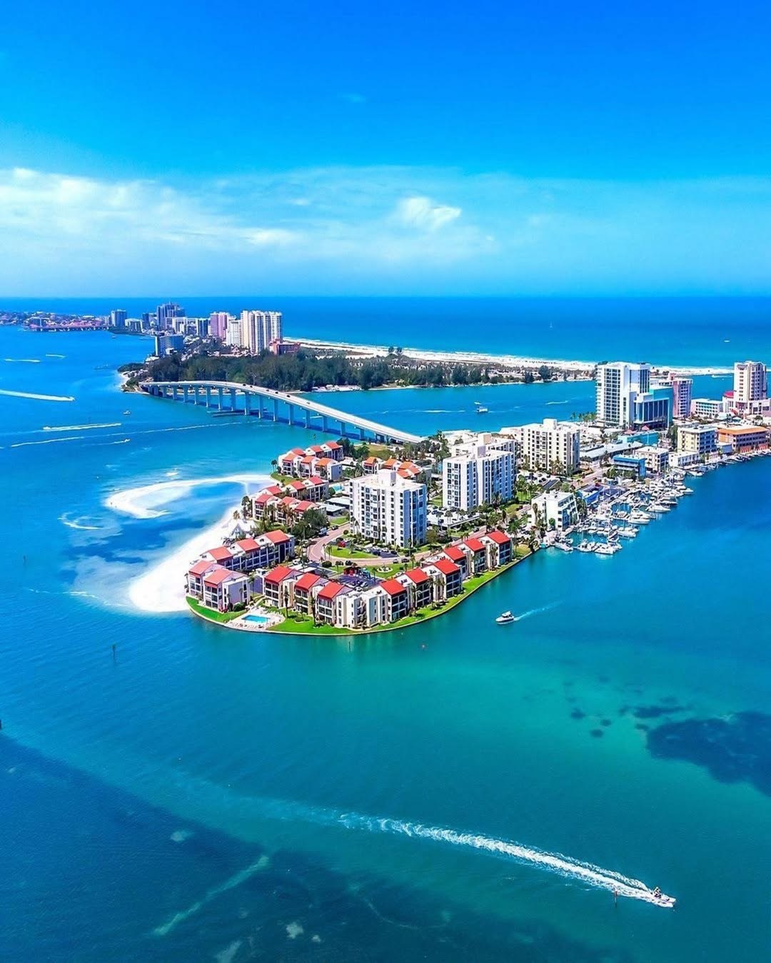 Aerial of Clearwater Beach Causeway and Sand Key