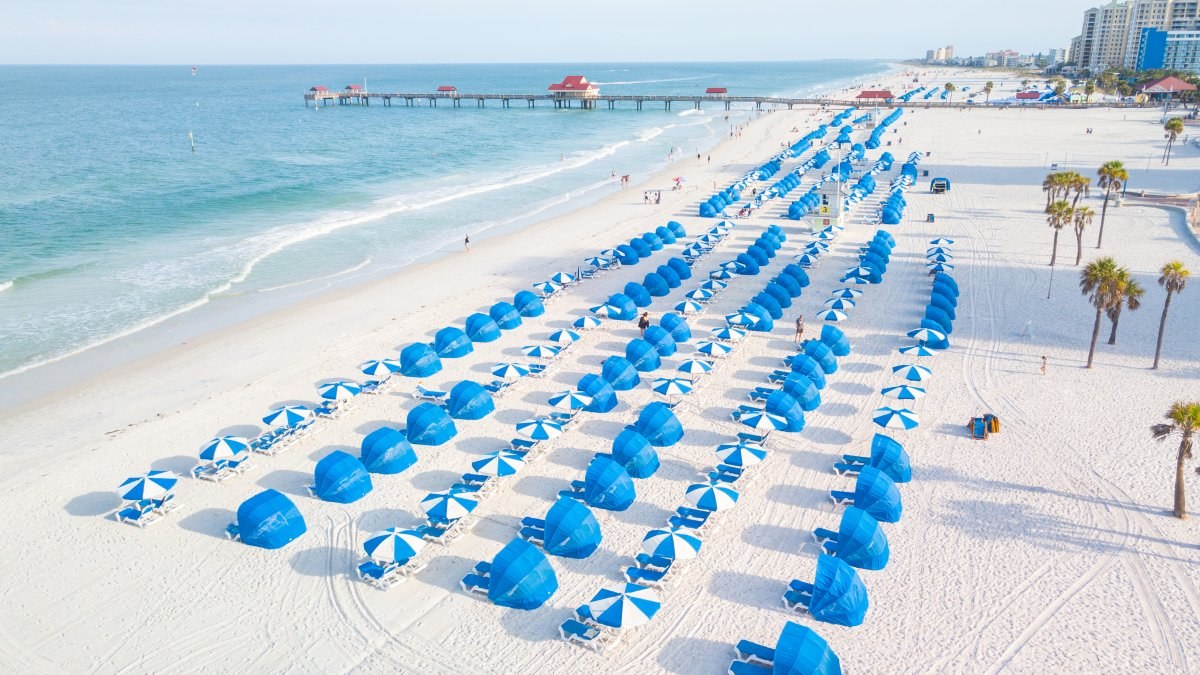 Aerial of Pier 60 and Clearwater Beach umbrellas