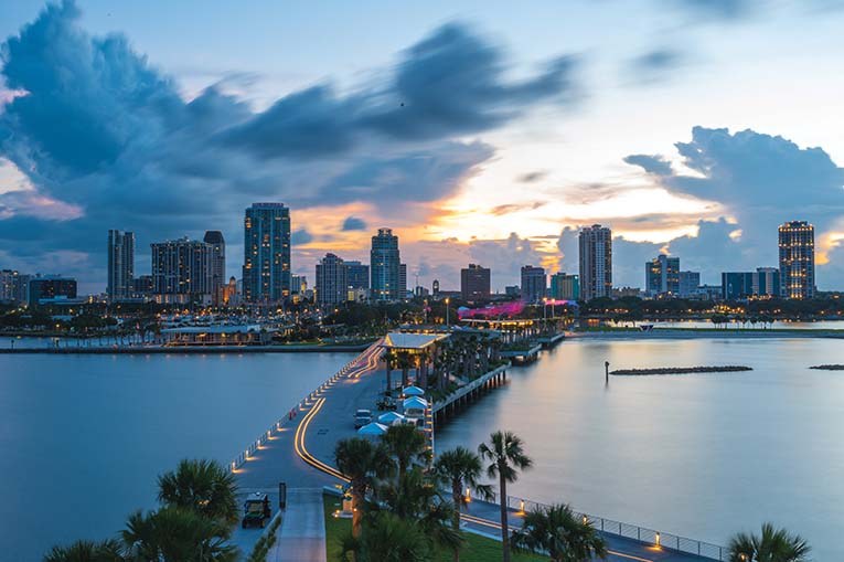 Downtown St. Petersburg skyline at twilight from the pier
